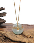 Baikalla Natural Icy Blue-Green & Sajin (Golden Dust) Flowers Jadeite Jade "Ping An Kou" (Good Luck Button) Pendant W/ 18ky Gold Bail & Natural Diamonds