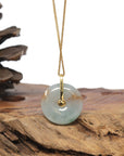 Baikalla Natural Icy Blue-Green & Sajin (Golden Dust) Flowers Jadeite Jade "Ping An Kou" (Good Luck Button) Pendant W/ 18ky Gold Bail & Natural Diamonds