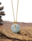 Baikalla 18K Yellow Gold "Ping An Kou" (Good Luck Button) Natural Icy Blue-Green Flower Jadeite Jade Pendant