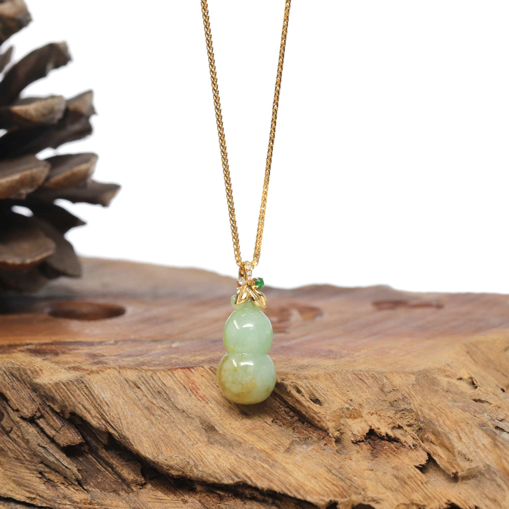 Baikalla Natural Apple-Green & Sajin (Golden Dust) Jadeite Jade "Hulu" Pendant W/ 18ky Gold Bail & Natural Diamonds