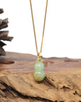 Baikalla Natural Apple-Green & Sajin (Golden Dust) Jadeite Jade "Hulu" Pendant W/ 18ky Gold Bail & Natural Diamonds