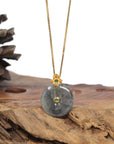 Baikalla 18K Yellow Gold "Ping An Kou" (Good Luck Button) Natural Icy Black Wuji Jadeite Jade Pendant W/ Natural Diamonds