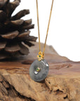 Baikalla 18K Yellow Gold "Ping An Kou" (Good Luck Button) Natural Icy Black Wuji Jadeite Jade Pendant W/ Natural Diamonds