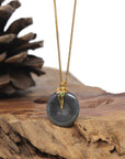 Baikalla 18K Yellow Gold "Ping An Kou" (Good Luck Button) Natural Black Wuji Jadeite Jade Pendant W/ Imperial Green Jade