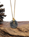 Baikalla 18K Yellow Gold "Ping An Kou" (Good Luck Button) Natural Black Wuji Jadeite Jade Pendant W/ Imperial Green Jade
