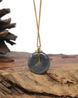 Baikalla 18K Yellow Gold "Ping An Kou" (Good Luck Button) Natural Black Wuji Jadeite Jade Pendant W/ Imperial Green Jade