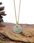 Baikalla 18K Yellow Gold "Ping An Kou" (Good Luck Button) Natural Icy Light Blue-Green Flowers Jadeite Jade Pendant