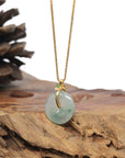 Baikalla 18K Yellow Gold "Ping An Kou" (Good Luck Button) Natural Icy Light Blue-Green Flowers Jadeite Jade Pendant