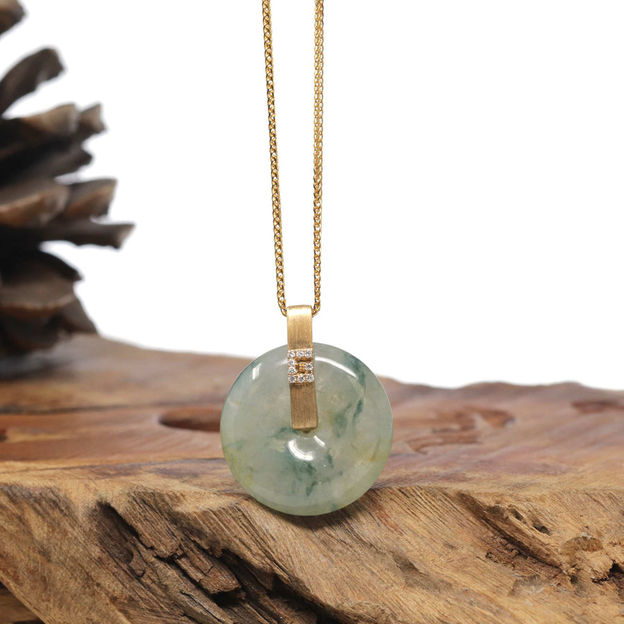 Baikalla 18K Yellow Gold "Ping An Kou" (Good Luck Button) Natural Icy Light Blue-Green Flower Jadeite Jade Pendant W/ Natural Diamonds