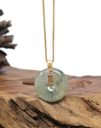 Baikalla 18K Yellow Gold "Ping An Kou" (Good Luck Button) Natural Icy Light Blue-Green Flower Jadeite Jade Pendant W/ Natural Diamonds