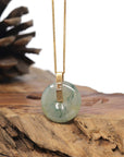 Baikalla 18K Yellow Gold "Ping An Kou" (Good Luck Button) Natural Icy Light Blue-Green Flower Jadeite Jade Pendant W/ Natural Diamonds