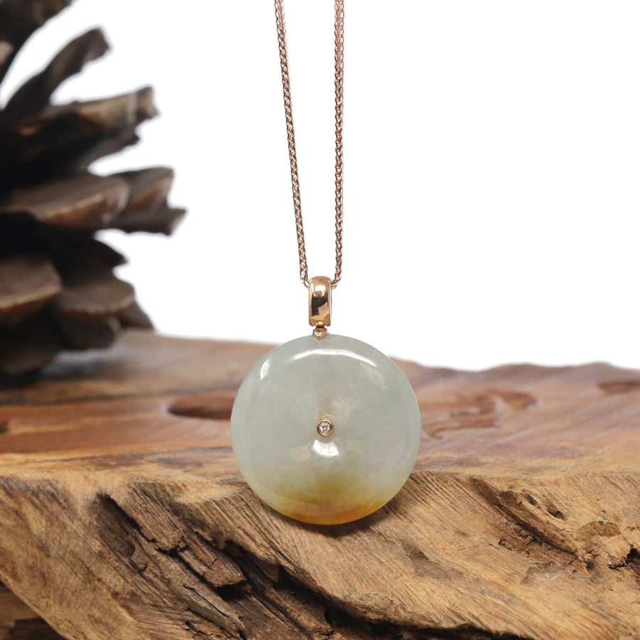 Baikalla 18K Rose Gold "Ping An Kou" (Good Luck Button) Natural Icy Light Green W/ Deep Yellow Patch Jadeite Jade Pendant