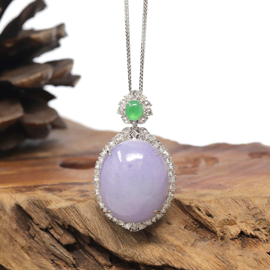 Baikalla 18K White Gold Natural Lavender Jadeite Jade Pendant W/ Natural Diamonds & Imperial Jade