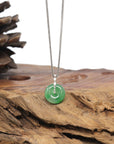 Baikalla "Ping An Kou" (Good Luck Button) 18K White Gold Natural Vibrant Green Jadeite Jade Pendant W/ Natural Diamonds