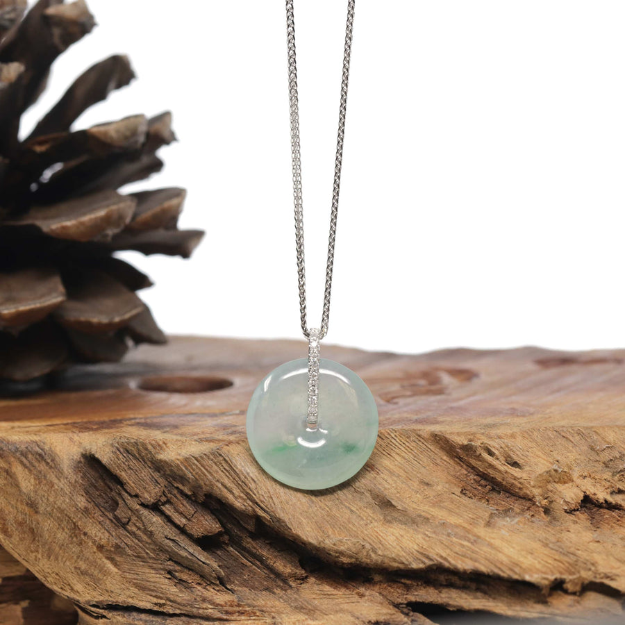 Baikalla "Ping An Kou" (Good Luck Button) 18K White Gold Natural Icy Vibrant Green Patches Jadeite Jade Pendant W/ Natural Diamonds