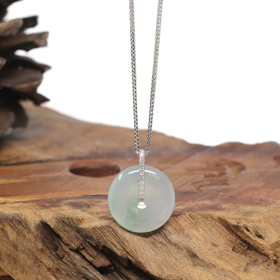 Baikalla "Ping An Kou" (Good Luck Button) 18K White Gold Natural Icy White & Light Green Jadeite Jade Pendant W/ Natural Diamonds