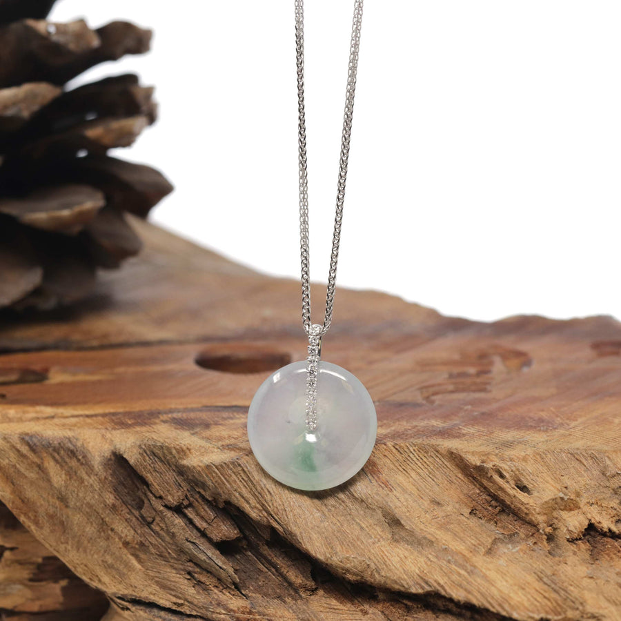 Baikalla "Ping An Kou" (Good Luck Button) 18K White Gold Natural Icy White Jadeite Jade Pendant W/ Natural Diamonds