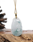 Genuine Ice Blue Jadeite Jade RuYi Pendant Necklace With 18K Gold Bail