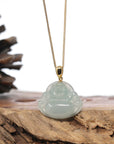 Burmese Ice Blue Green Jadeite Jade Happy Buddha Necklace With 18K Gold Bail