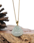 Burmese Ice Blue Green Jadeite Jade Happy Buddha Necklace With 18K Gold Bail