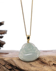 Burmese Ice Blue Green Jadeite Jade Happy Buddha Necklace With 18K Gold Bail