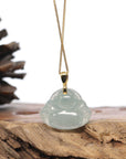 Burmese Ice Blue Green Jadeite Jade Happy Buddha Necklace With 18K Gold Bail