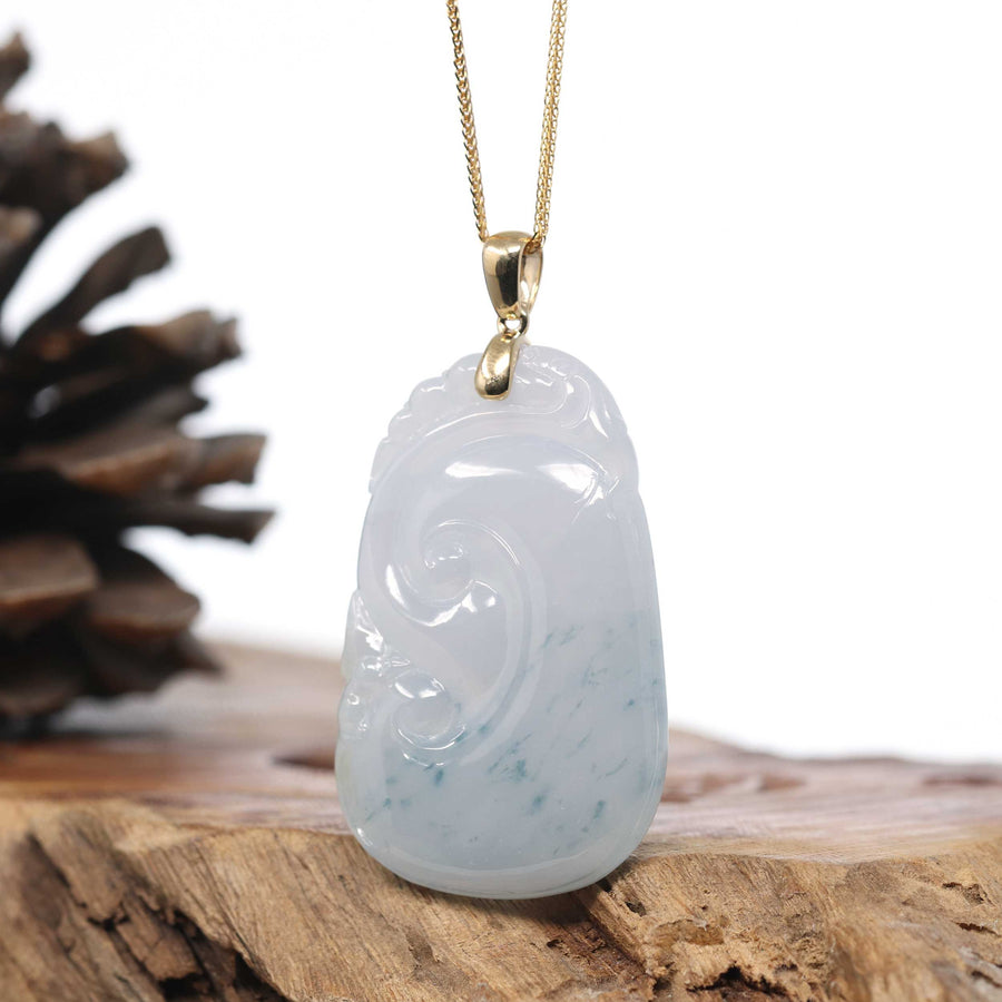 Genuine Ice Jadeite Jade RuYi Pendant Necklace With 18K Gold Bail