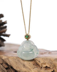 Burmese Blue Jadeite Jade Happy Buddha Necklace With 18K Gold Bail