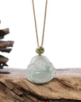 Burmese Blue Jadeite Jade Happy Buddha Necklace With 18K Gold Bail