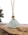 Burmese Blue Jadeite Jade Happy Buddha Necklace With 18K Gold Bail