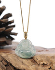 Burmese Ice Blue Green Jadeite Jade Happy Buddha Necklace With 18K Gold Bail