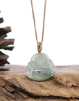 Burmese Ice Blue Green Jadeite Jade Happy Buddha Necklace With 18K Gold Bail