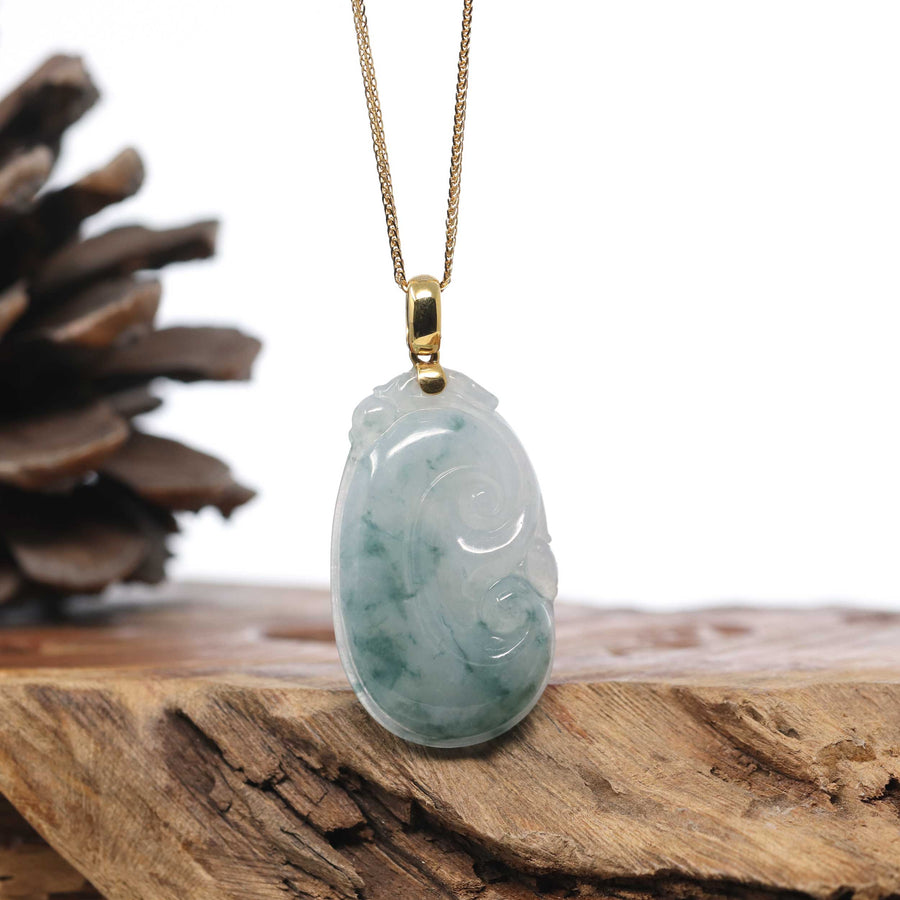 Genuine Ice Blue Jadeite Jade RuYi Pendant Necklace With 18K Gold Bail