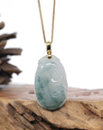 Genuine Ice Blue Jadeite Jade RuYi Pendant Necklace With 18K Gold Bail