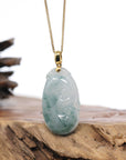 Genuine Ice Blue Jadeite Jade RuYi Pendant Necklace With 18K Gold Bail