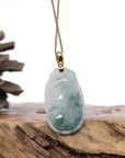 Genuine Ice Blue Jadeite Jade RuYi Pendant Necklace With 18K Gold Bail