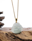 Burmese Ice Blue Green Jadeite Jade Happy Buddha Necklace With 18K Gold Bail