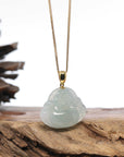 Burmese Jadeite Jade Happy Buddha Necklace With 18K Gold Bail