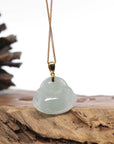 Burmese Jadeite Jade Happy Buddha Necklace With 18K Gold Bail