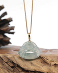Burmese Ice Blue Green Jadeite Jade Happy Buddha Necklace With 18K Gold Bail
