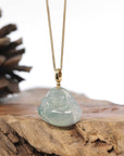 Burmese Ice Blue Green Jadeite Jade Happy Buddha Necklace With 18K Gold Bail