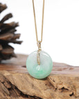 "Good Luck Button" Jadeite Jade Lucky KouKou Pendant With 14K Yellow Gold Bail