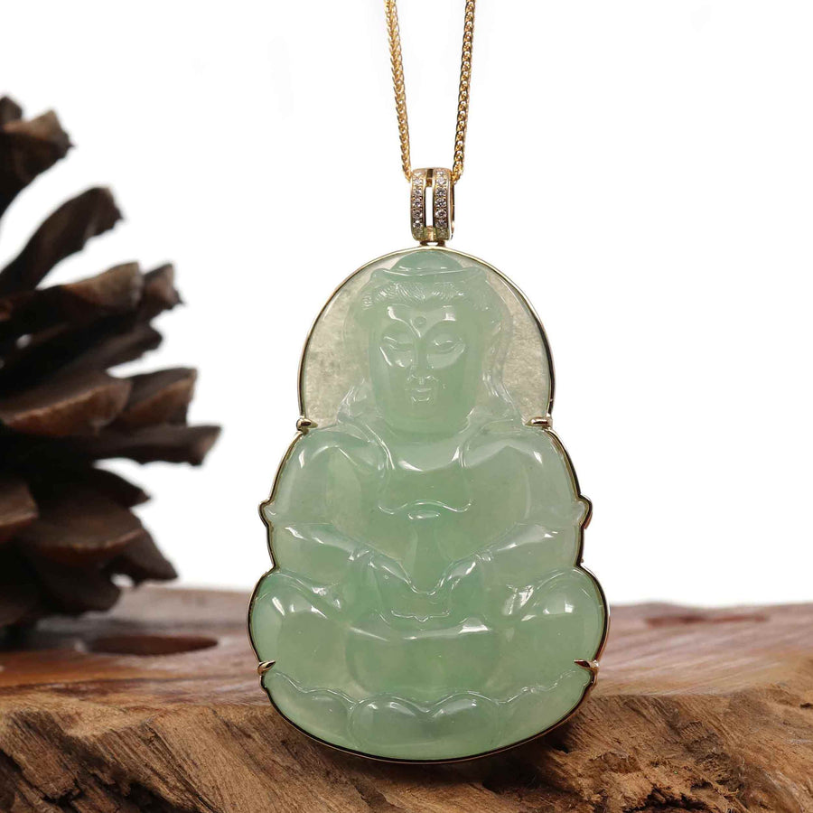 Baikalla Jewelry Jade Guanyin Pendant Necklace "Goddess of Compassion" 14k Yellow Gold Genuine Burmese Jadeite Jade Guanyin Necklace