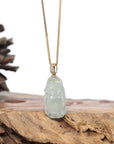 Burmese Blue Jadeite Jade Happy Buddha Necklace With 18K Gold Bail