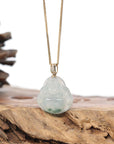 Burmese Blue Jadeite Jade Happy Buddha Necklace With 18K Gold Bail