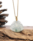 Burmese Ice Blue Green Jadeite Jade Happy Buddha Necklace With 18K Gold Bail