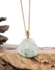 Burmese Ice Blue Green Jadeite Jade Happy Buddha Necklace With 18K Gold Bail