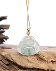 Burmese Ice Blue Green Jadeite Jade Happy Buddha Necklace With 18K Gold Bail