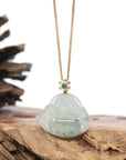 Burmese Blue Jadeite Jade Happy Buddha Necklace With 18K Gold Bail