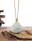 Burmese Blue Jadeite Jade Happy Buddha Necklace With 18K Gold Bail